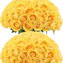 LFF 50Pcs Realistic Yellow Artificial Roses - Premium Velvet Faux Flowers for Wedding Bouquet, Centerpieces, Home & Party Decoration(Yellow)