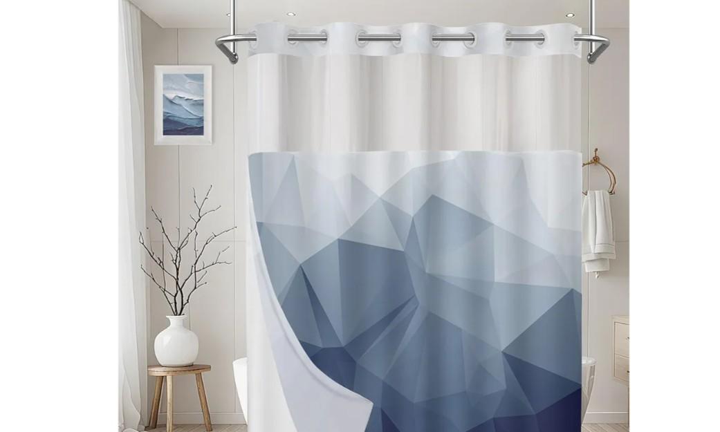 No Hook Shower Curtain with Snap in Liner and Sheer Window, Blue Modern Geometric Fabric Shower Curtain Set for Bathroom Decor, 15-Second Quick Install, Abstract Irregular Ombre, 71"X74"