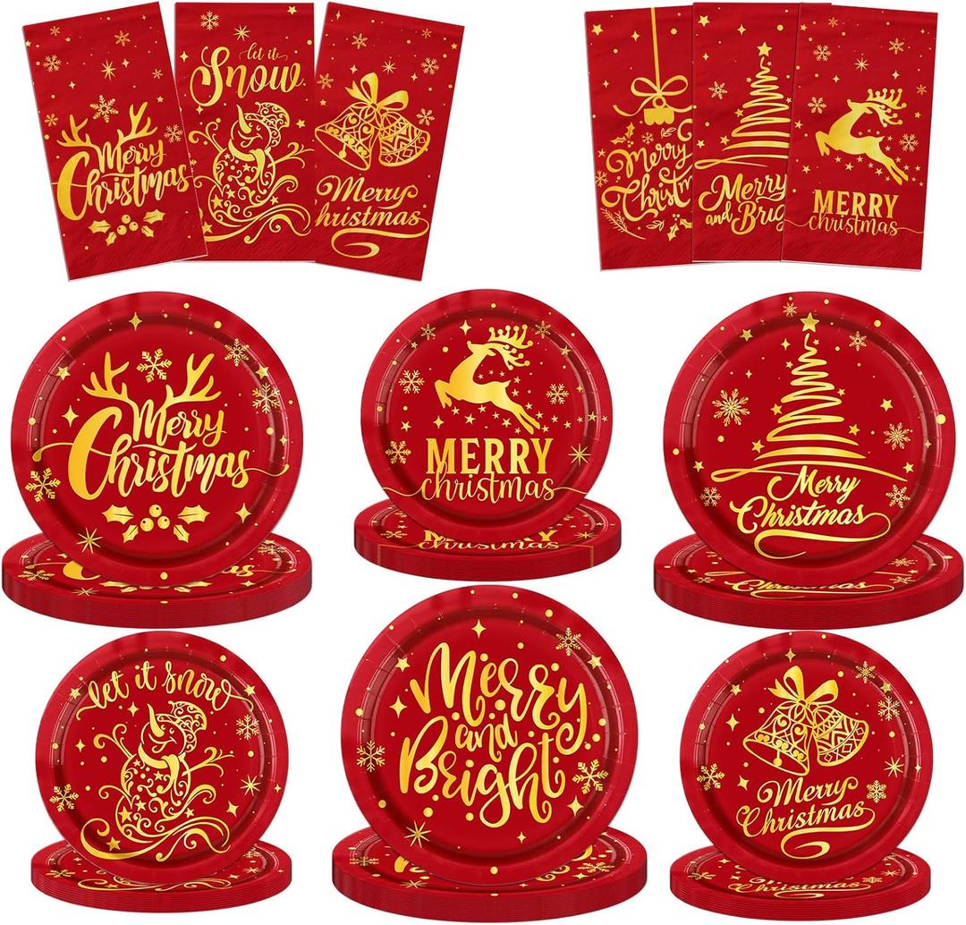 Merry Christmas Paper Plates and Napkins - 62pc Red and Gold Tableware for Winter Holiday Decoration
