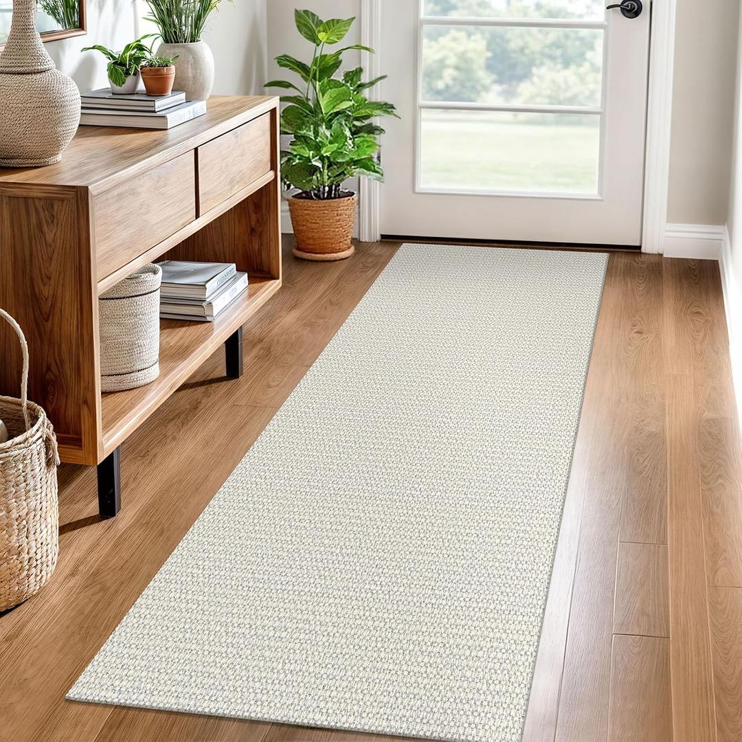 EARTHALL Woven Runner Rug 2x6 Ft Washable Runners for Hallways Cotton Rubber Backed Kitchen Runner Braided Indoor Floor Carpet Runners for Entryway, Hallway, Kitchen, Bedroom, Cream/Grayish