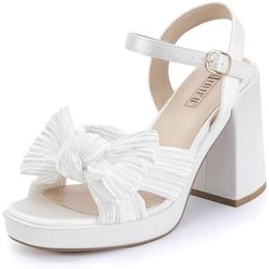 IDIFU IN4 Platform Chunky Block High Bow Heels Square Open Toe Slingback Heeled Sandals Bride Bridesmaid Wedding Bridal Prom Dress Shoes Comfortable Dressy Cute Ankle Strap Thick Heels, Size: 7.5