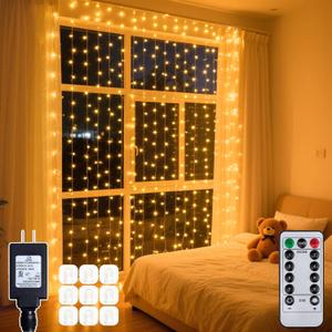 300 LED Curtain String Lights 9.8 * 9.8FT Plug in Fairy Lights with Timer and 8 Modes, Waterproof Window Wall Lights for Bedroom Wedding Party Indoor Outdoor Christmas Decor (Warm Whtie)