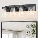 4-Light Bathroom Lighting Fixtures over Mirror, Matte Black Vanity Lights with Square Transparent Glass Shade. Modern Bathroom Vanity Light for Mirror Kitchen, Living Room, Gallery, Hallway