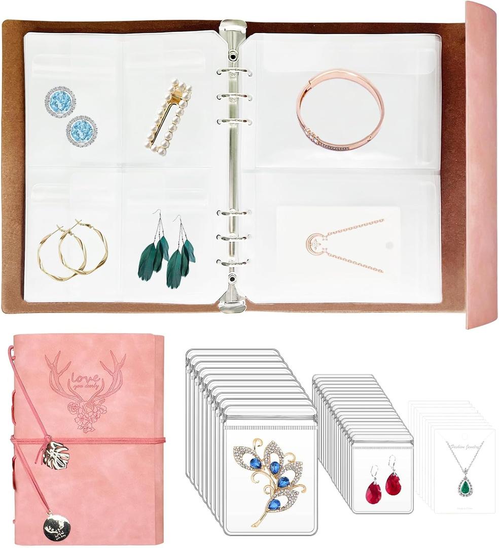 Travel Jewelry Organizer, A5 Binder Jewelry Storage Book with Pockets, Foldable Earring Holder with Clear Jewelry Bags for Ring, Studs and Bracelet(70 Grids+70 Thicken PVC Bags) (Deep Love, Fresh Pink - 70 Grids)