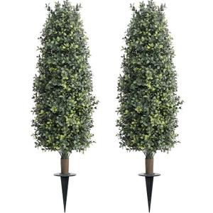 36" Artificial Boxwood Topiary Trees with Ground Spike Set of 2, Outdoor 3ft Faux Boxwood Topiaries Cone Bushes Trees Fake Shrubs Plants Front Porch Decor Outside Garden