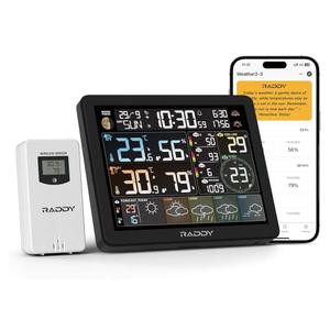 Raddy N80 WiFi Weather Station with Phone APP, Wireless Indoor Outdoor Thermometer with AI Life Assistant, 8” Display, PM2.5/AQI, UV Index, Sunrise/Sunset Time, 4 Alarms, Weather Forecast