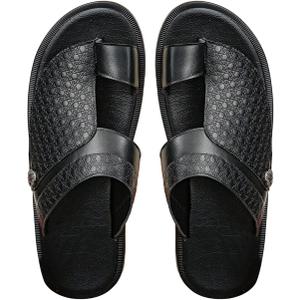 GORGLITTER Men's Leather Sandals Beach Open Toe Slippers Strap Slide Shoes Slip on Casual Flat Flip Flops, Size 46