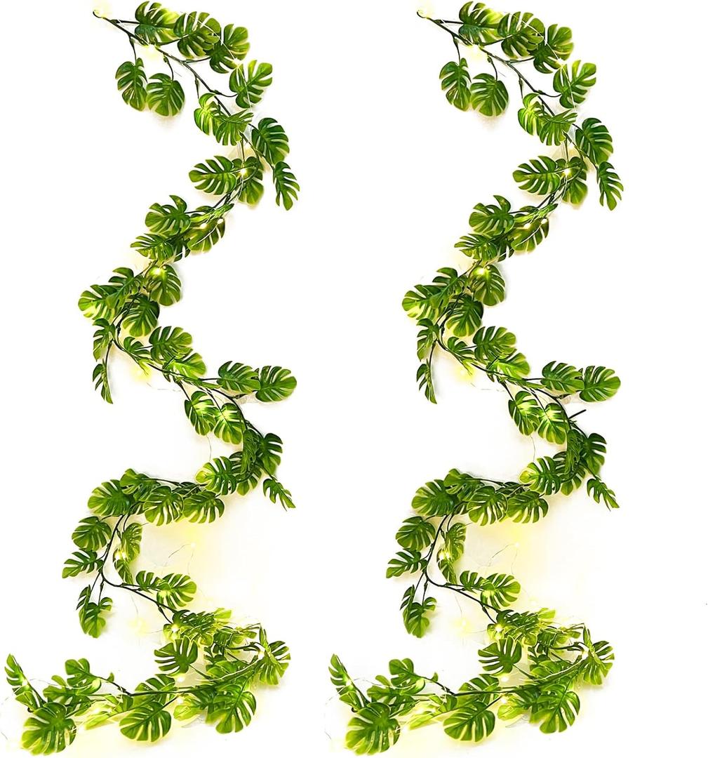RECUTMS Artificial Monstera Leaf Vines Whit Light 2Pcs, 5.9FT Fake Hanging Ivy Plant Faux Tropical Palm Leaves Greenery Vine Garland Indoor Outdoor Garden Porch Patio Jungle Luau Birthday Party Dcor