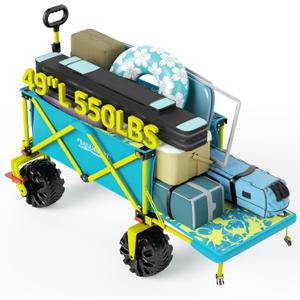 Old Bahama Bay 300lbs Extra Long 49" L Beach Wagon with Big Wheels with Brake for Sand, Collapsible Utility Beach Cart Heavy Duty Folding Wagon,Ideal for Outdoor Sand Camping Garden Pet