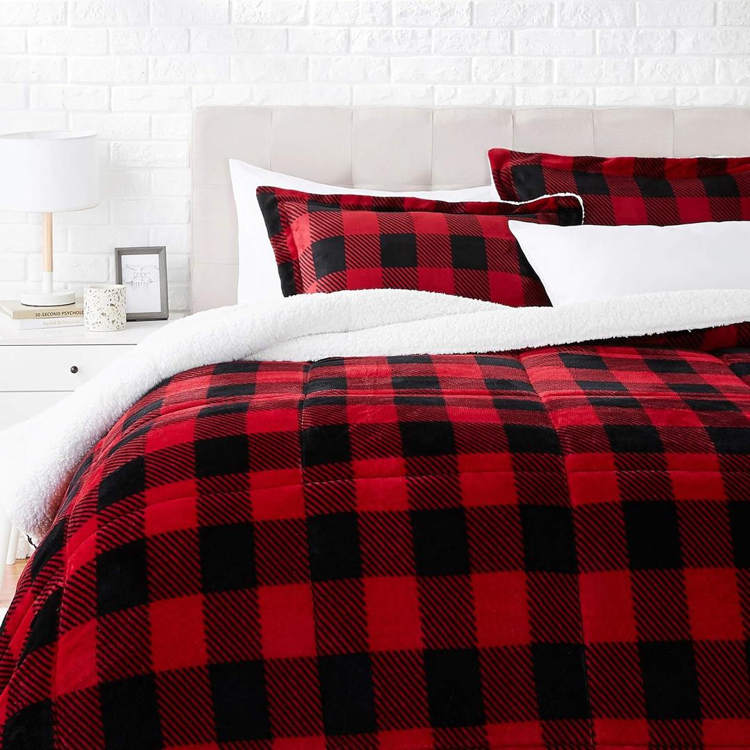 Amazon Basics 3 Piece Bedding Set, Micromink Sherpa, Ultra-Soft, Warm All Season Comforter, King, Red Buffalo Plaid