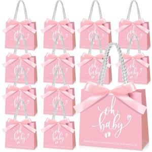 Spakon 25 Packs Baby Shower Favors for Guests Oh Baby Gifts Bag with Handles Paper Goodie Gift Bags with Ribbon for Newborn Gender Reveal Favors(Pink)