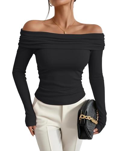 Prettywear Women's Sexy Off Shoulder Tops Business Casual Slim Fit Long Sleeves Spring Fall Blouse Going Out Nightout Shirt Black, Size L