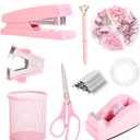 Pink Desk Accessories, Pink Office Supplies Set with Stapler, Tape Dispenser, Staple Remover, Pen Holder, Scissor, Binder/Paper Clips, Ballpoint Pen, Clear Tape and 1000pcs Staples