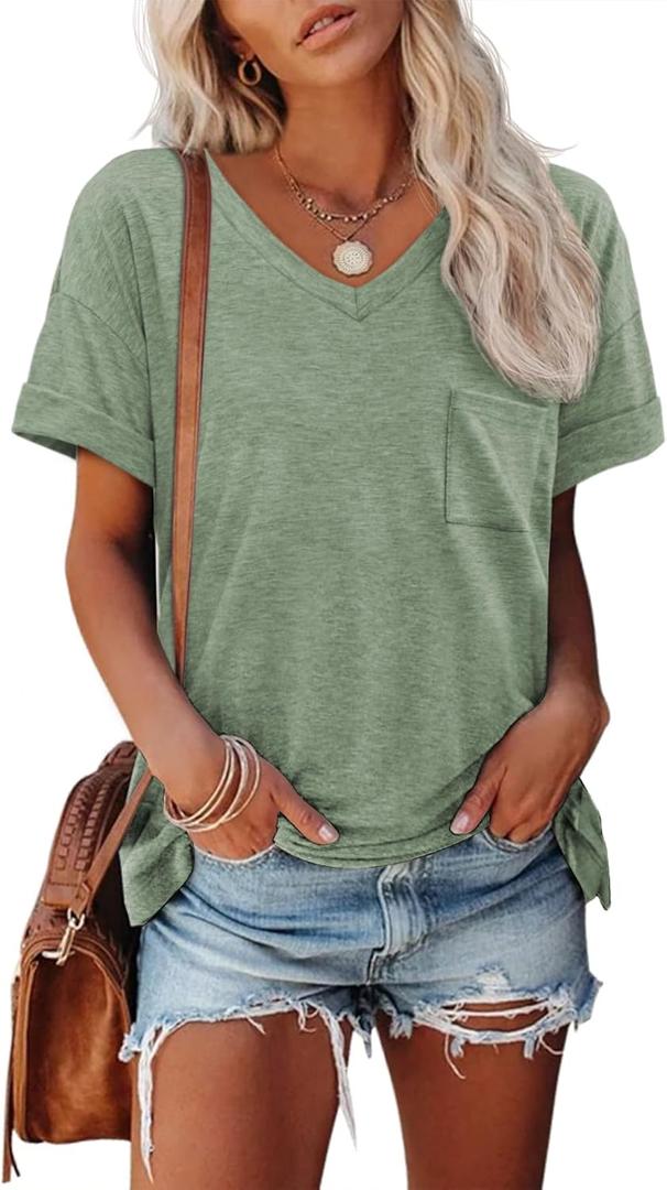 ATHMILE Womens T Shirts 2026 Short Sleeve V-Neck Shirts Cute Fit Summer Casual Tee Tops XL (Gray Green)