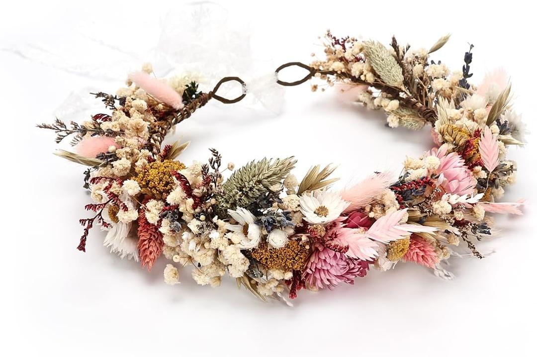 Handcrafted Dried Flower Crown, Natural Preserved Daisy Wreath Headband in Cream and Pink, Rustic Wedding Hair Garland for Kids and Flower Girls