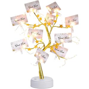 Coume Money Tree Gift Card Holder LED Lights Tabletop Display Tree with 15 Clear Clips Gold Silver Display Birch Twig for Money Wedding Photo Birthday Card Holder