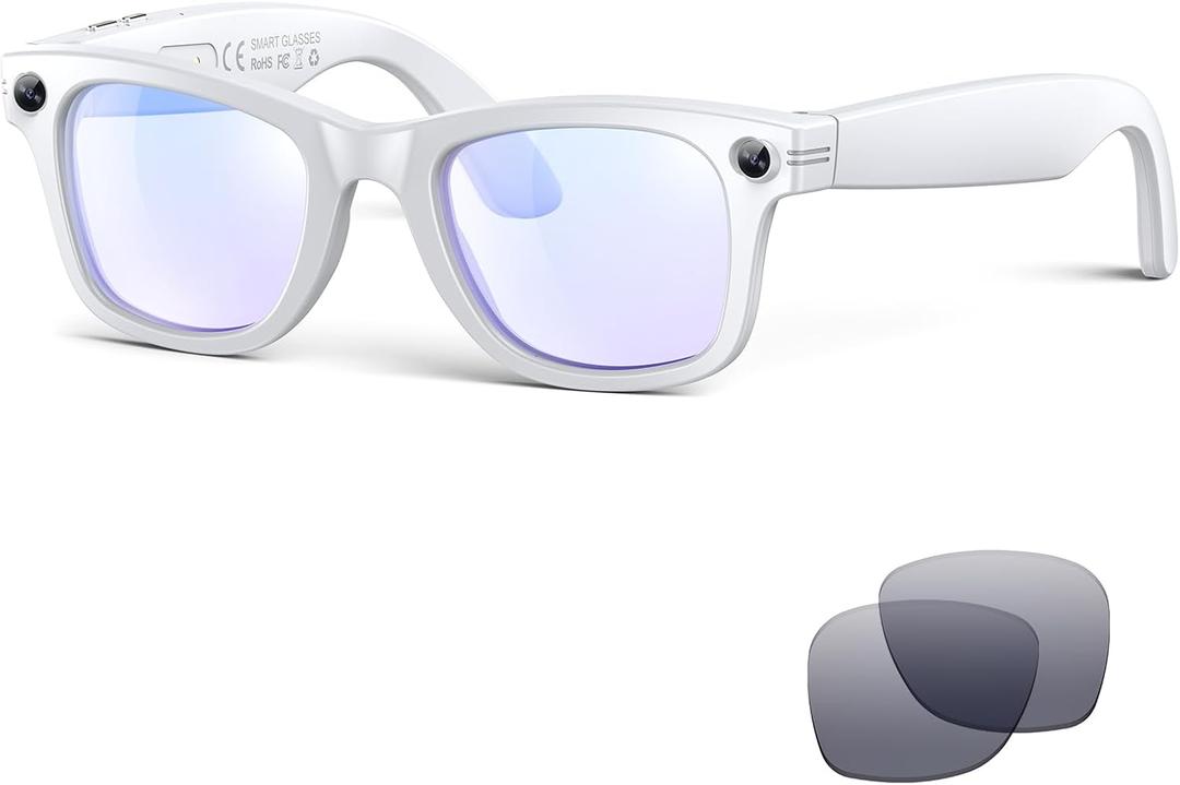 AI Smart Glasses for Men Women with Camera,8MP 2K HD Camera Glasses,AI Voice Control and Translation,Smart Anti-Blue Light Glasses with Bluetooth Call,IP67 Waterproof for Driving,Outdoor,+2 Lenses.