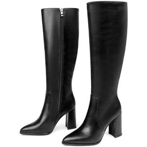 COLETER Women's Knee High Boots Pointed Toe Chunky Gogo Boots Zipper Block Heeled Tall Dress Boots.6