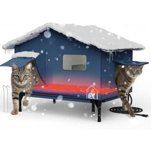 Extra-Wide Heated Cat House for Outdoor Use, Waterproof Insulated Shelter for Winter with Escape Exit, Spacious 23.5"  21"  16", Safe Heated Bed, Foldable, Connects to Feeding Station  Blue