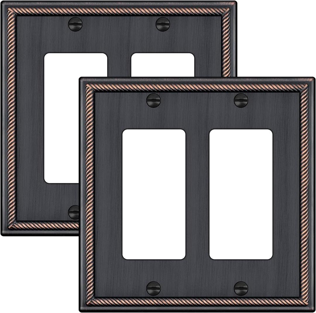 Wall Plate for Electrical Outlets, Decorative Oil Rubbed Bronze Switch Plates Outlet Cover, Light Switch Cover Plate, 2-Gang Wall Plates, Solid Zinc Alloy (Double Decorator, 2 Pack)