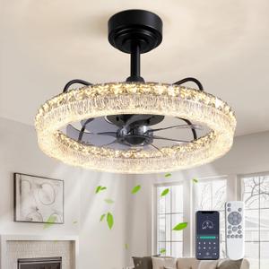 Ceiling Fan with Lights and Remote, 20'' Modern Flush Mount LED Fan Light, 3000-6000K Dimmable Low Profile Fandelier Ceiling Fans for Bedroom, Kitchen, Living Room, Black