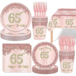 121Pcs 65th Birthday Party Supplies Plates Napkins Cups Forks Tablecloth Rose Gold Happy 65th Birthday Themed Disposable Tableware Decorations Serves 24 Guests for Women Ladies 65 Years Old Birthday
