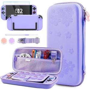 GLDRAM Purple Cherry Blossom Carrying Case for Nintendo Switch 2, Cute Girly Accessories with Sakura Travel Storage Bag, Hardshell Protective Cover, Screen Protector, Shoulder Wrist Strap & Thumb Caps