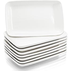 Foraineam Set of 8 Pieces 8 Inch Rectangular Porcelain Platters Dessert, Appetizer, Salad Plates White Serving Trays