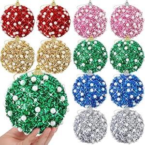 Riceshoot 12 Pcs 6 Inch Large Christmas Balls Ornaments for Tree with Peal Sparkle Sequin Big Glitter Christmas Tree Decor Xmas Shatterproof Hanging Balls for Xmas Holiday Party Supplies(Colorful)