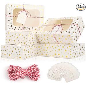 24 PCS Christmas Cookie Boxes for Gift Giving, 9x6x3 Golden Star Christmas Treat Boxes with Window, Auto-Up Holiday Cookie Boxes,Baking Goods Packaging Box for Desserts, Mini Cake, Donuts