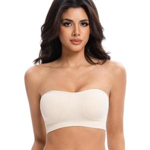 Lusait Strapless Bras for Women Non-Slip Seamless Padded Bandeau Bra Wireless Convertible Tube Top Bralette (Beige, M)