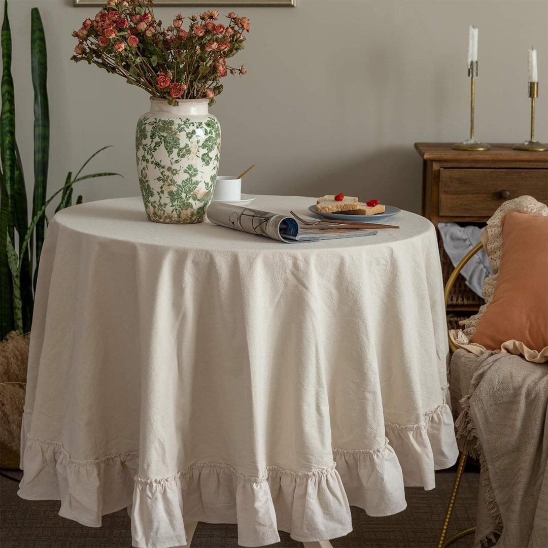 GLORY SEASON Retro Farmhouse Ruffle Round Tablecloth Cotton Flounces Trim Washable Table Cover White Tablecloths for Rectangle Table Baby Shower Kitchen Party Wedding Decor,70'' Round