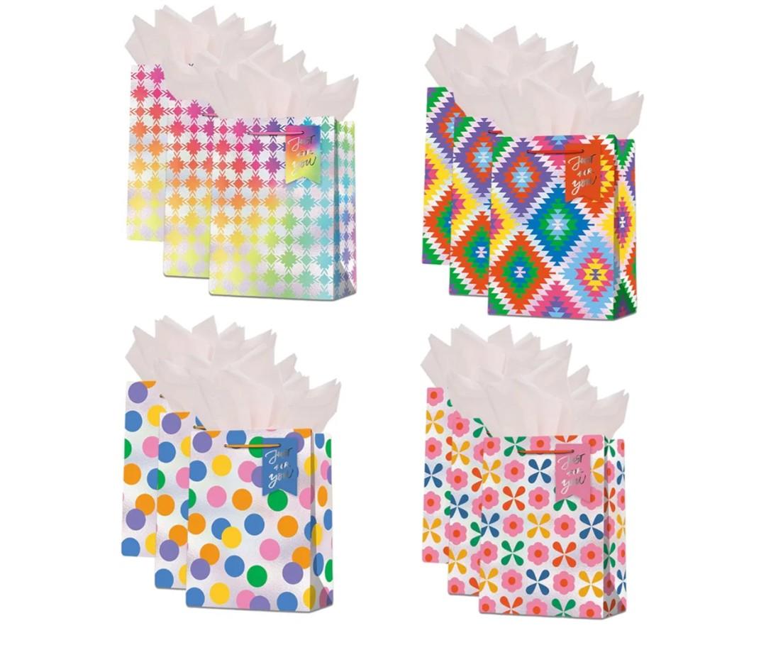 Dimetey 9" Medium Gift Bag with Tissue Paper,12pcs Colorfu Paper Bags for Birthdays,Bridal Showers, Weddings,Mother's Day,Christmas,Thank You Bags-All Occation (Multicolor)