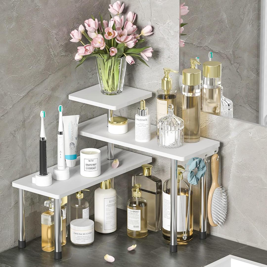 ZHWS Bathroom Counter Organizer Corner Shelf Bathroom Organization Bamboo 3 Tier Spice Rack Makeup Organizer Bookshelf Space Saving Rack Kitchen Office Living Room (White)