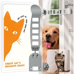 Metal Cat Door Latch, Door Prop for Cats, Easy Install, Durable & Foldable, 5 Adjustable Sizes Keep Interior Door Cracked Open for cat - Dog Proof Cats Feeding Station, No Wall Damage (Silver)