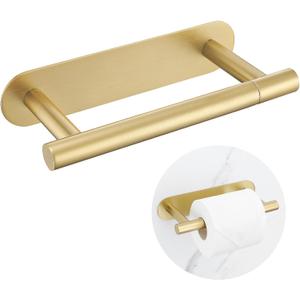 Self Adhesive Brushed Gold Toilet Paper Holder, SUS304 Stainless Steel Toilet Roll Holder, Double Base Paper Towel Holder Wall Mount No Drilling for Bathroom, Kitchen, Washroom