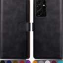 SUANPOT for Samsung S21 Ultra 6.8" RFID Blocking Leather Wallet Case, Flip Folio, Card Holder, Shockproof Cover - Black