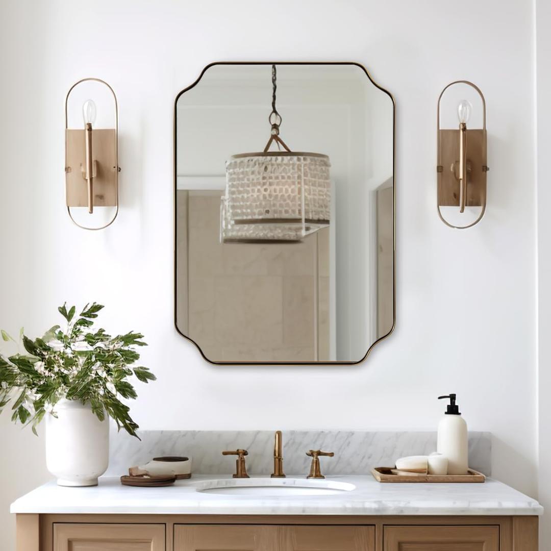 ANDY STAR Brushed Gold Mirror, 22"x30" Bathroom Vanity Mirror, Rounded Rectangle Bathroom Mirror with Rust-Proof Stainless Steel 1" Frame, Wall Mounts Horizontally or Vertically