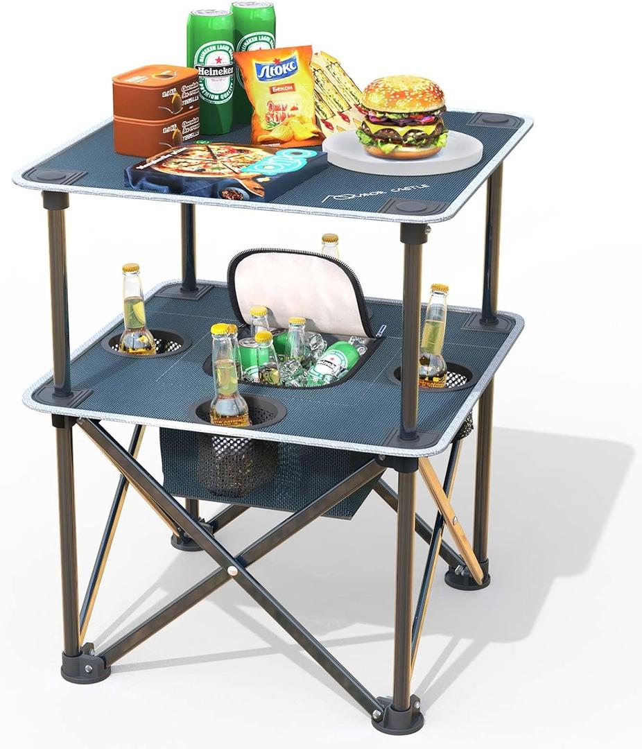 Folding Beach Table, Camping Table for Sand with Insulated Cooler Storage & 4 Cup Holders, Portable Pop Up Picnic Table, Lightweight Side Table for Outdoor, 19x19x24 inches, Blue Gray
