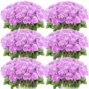 Jexine 50 Pcs Artificial Rose Flower Realistic Silk Roses with Stem Bouquet of Flower Plastic Flower Real Looking Fake Rose for Home Wedding Centerpieces Party Decoration (Light Purple)