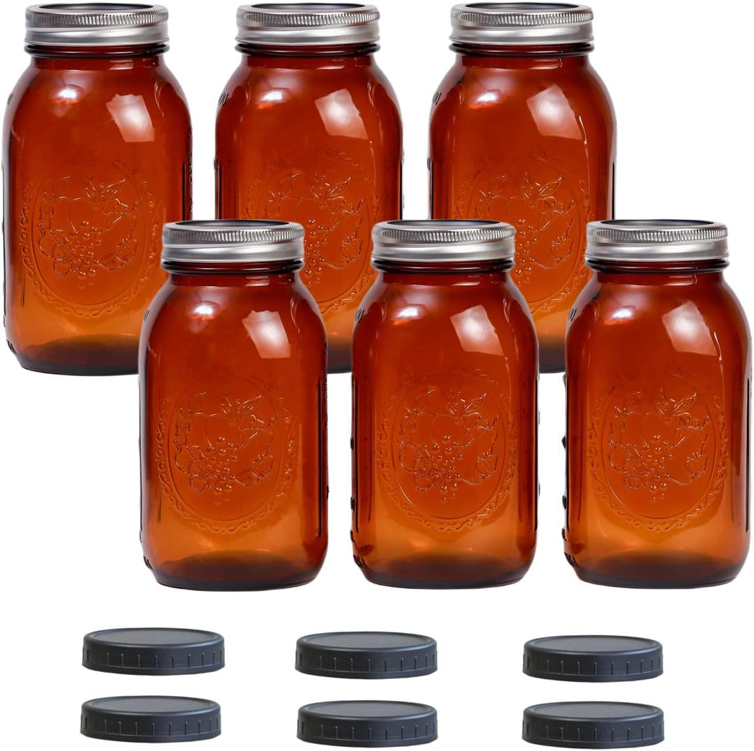 6 Pack 32 oz Amber Mason Jars, Regular Mouth Mason Jars with Lids and Bands and 6 Black Plastic Mason Jar Lids