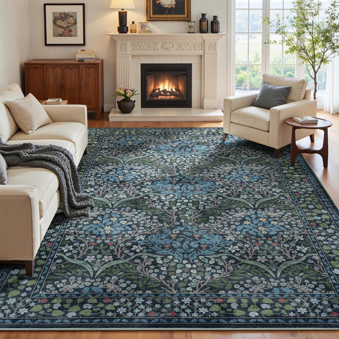 Lofus 9x12 Floral Living Room Rug, Washable Large Area Rugs Blue Green