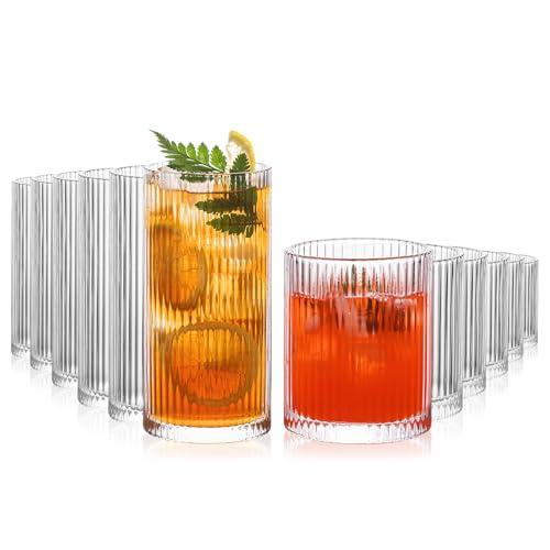 INSETLAN 6-Piece Ribbed Glassware -Vintage Cocktail Drinking Glasses, Ideal for Wine, Juice, Water, Ice Coffee Cup, Whiskey, Mixed Drinkware