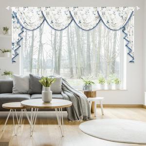 Leeva Extra Wide 110" Sheer Valance for Windows, Waterfall Swag Curtains with Bead Tassels, Blue Butterflies Print Voile Fabric for Bedroom Living Room Decor, 110" x 43", Rod Pocket