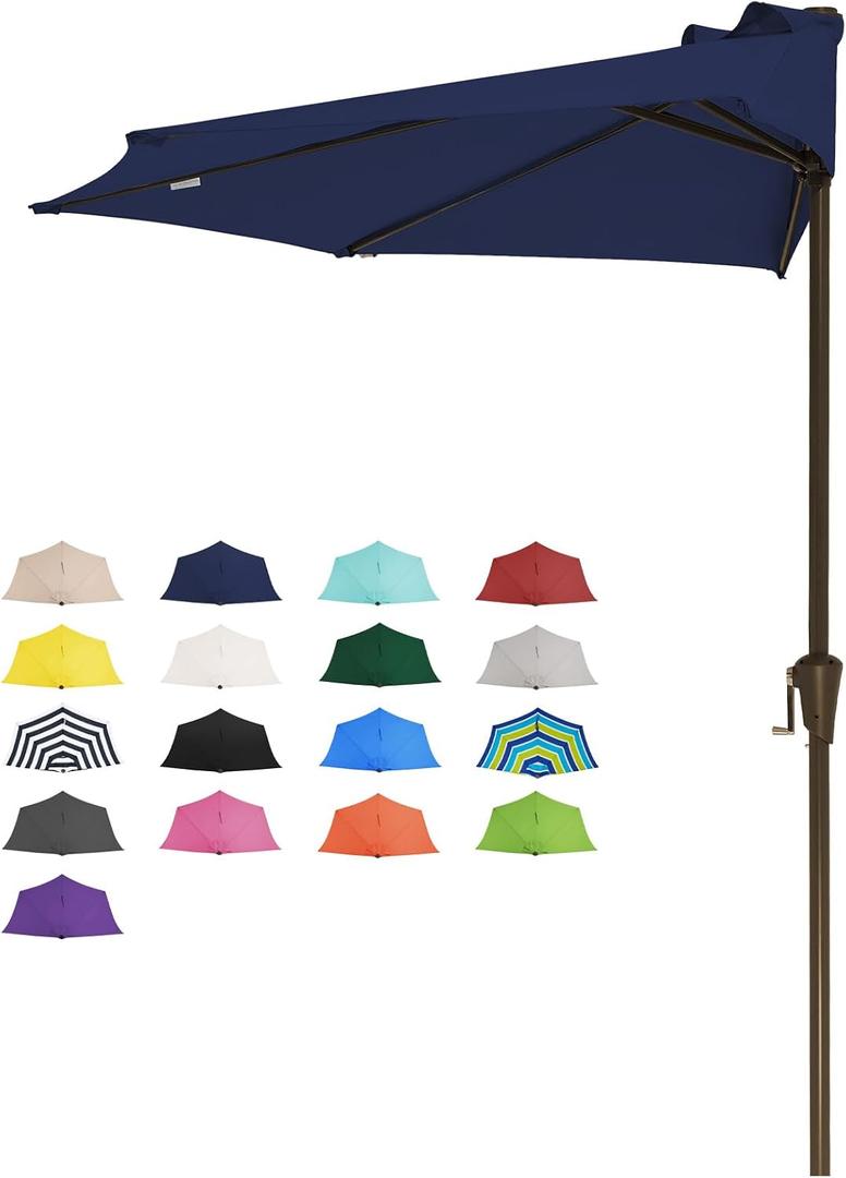 JEAREY 9ft Half Umbrella Outdoor Patio Umbrella Market Umbrellas with Crank, 1/2 Round Wall Umbrella 5 Sturdy Ribs UV Protection for Pool Garden Balcony Deck, Navy