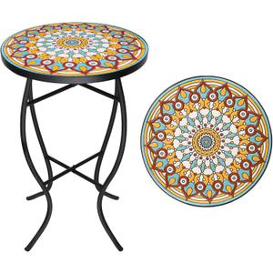 VCUTEKA Mosaic Outdoor Side Table - Small Patio Table Coffee Outside Accent Tables Round End Plant Tables for Bistro Balcony Porch Outdoor Benches 14'' Multi Yellow, 14 inches x 14 inches x 21.85 inches