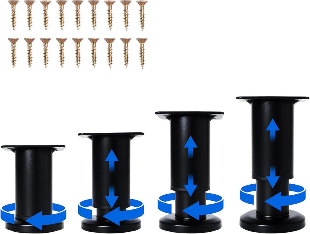 Olldag 4 Pcs Adjustable Height Furniture Support Legs [with Screws] 3.15-4.72 inch, Metal Heavy Duty Furniture Replacement Legs for Chair/ Bed/ Sofa/ Cabinet/ Couch/ Dresser/ Bed/ Table (Black)