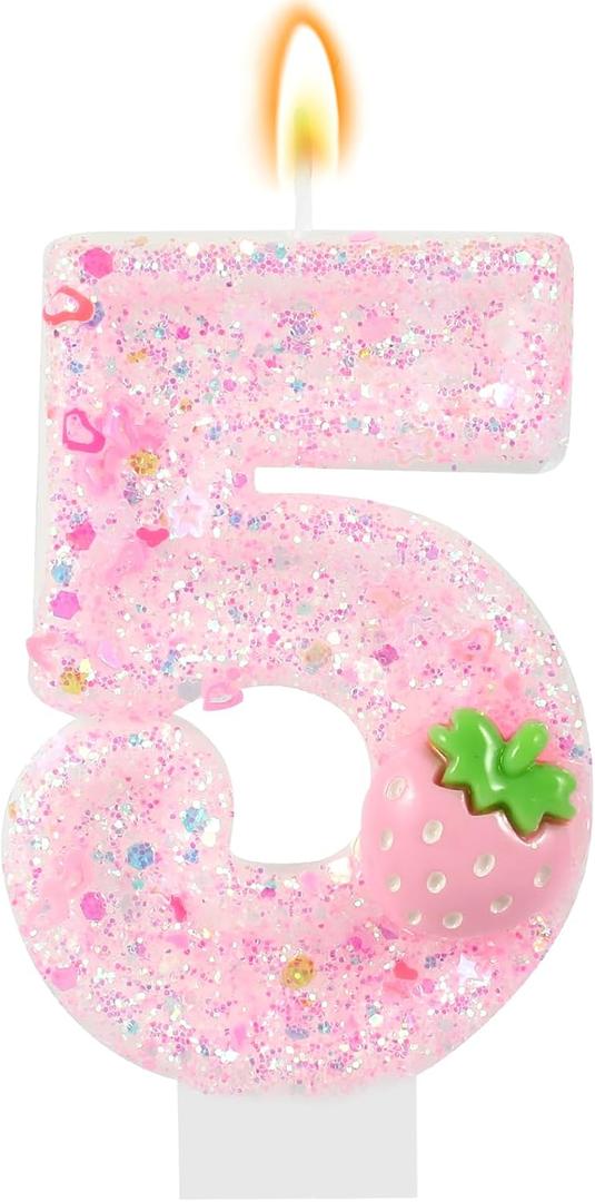 Pink Number 5 Candles Strawberry Birthday Candle 5th Birthday Cake Topper Cupcake Decorations for Girls and Women Strawberry Party Decor Anniversary Celebrations Supplies Favors