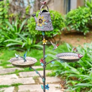 Bird Bath and Bird House for Outside with Pole, Metal Stake Watering Can Bird House with Bath, 67.9" Tall Free Standing Bird Feeders Birdhouses for Outdoors, Floral Bird Baths with 4-Prong Stake