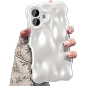 UEEBAI Ripple Case for iPhone 17, Cute Silver Cover Wave Shape for iPhone Case Pretty Aesthetic 3D Phone Cover, Water Ripple Shell 3D Chrome Design for Women and Girl, Pearl White